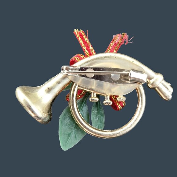 French Horn Christmas Pin Brooch Holiday Jewelry - Picture 2 of 4